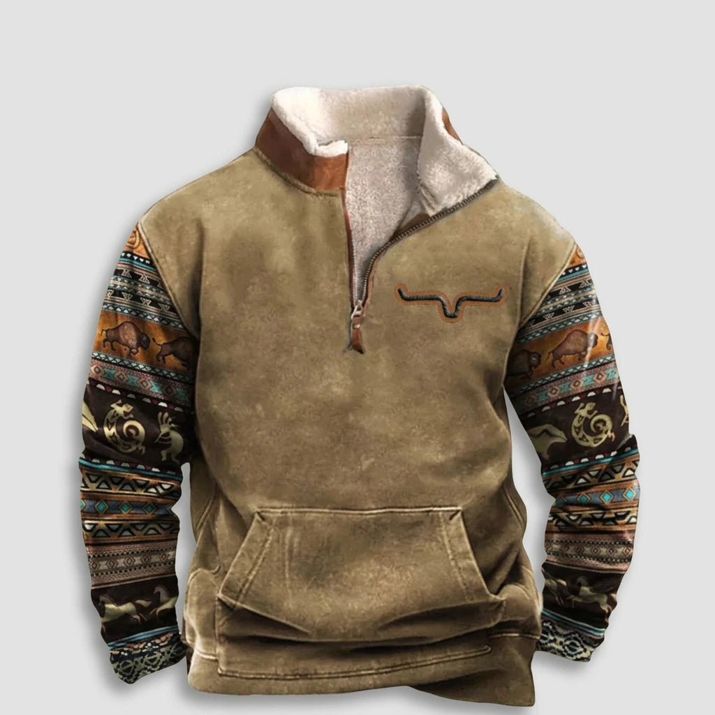 Men's khaki quarter-zip pullover with Aztec sleeve print, flat lay view