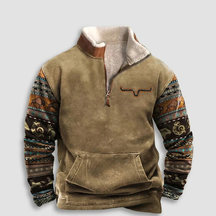 Men's khaki quarter-zip pullover with Aztec sleeve print, flat lay view