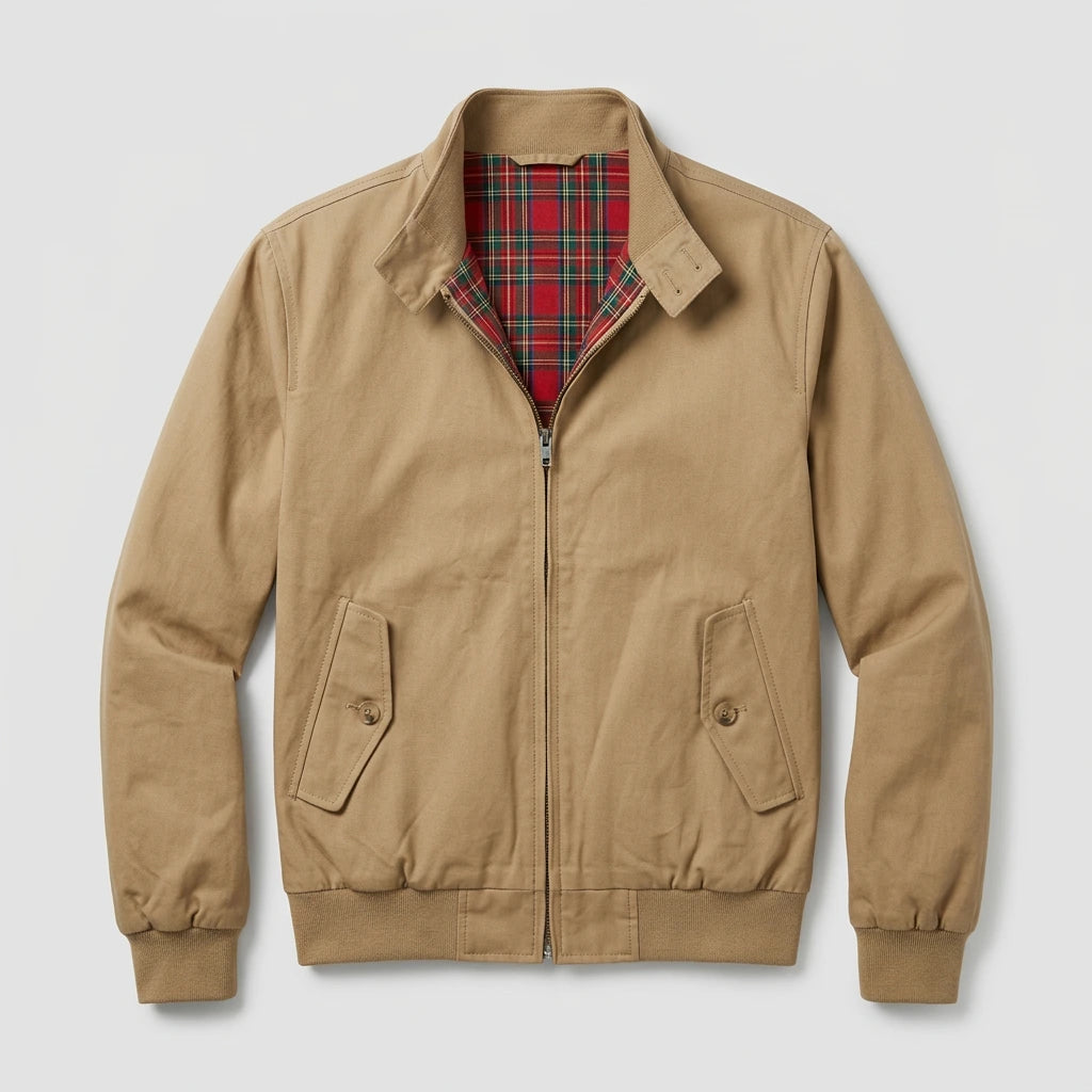 Men's Harrington jacket beige flat lay full-zip collarless design