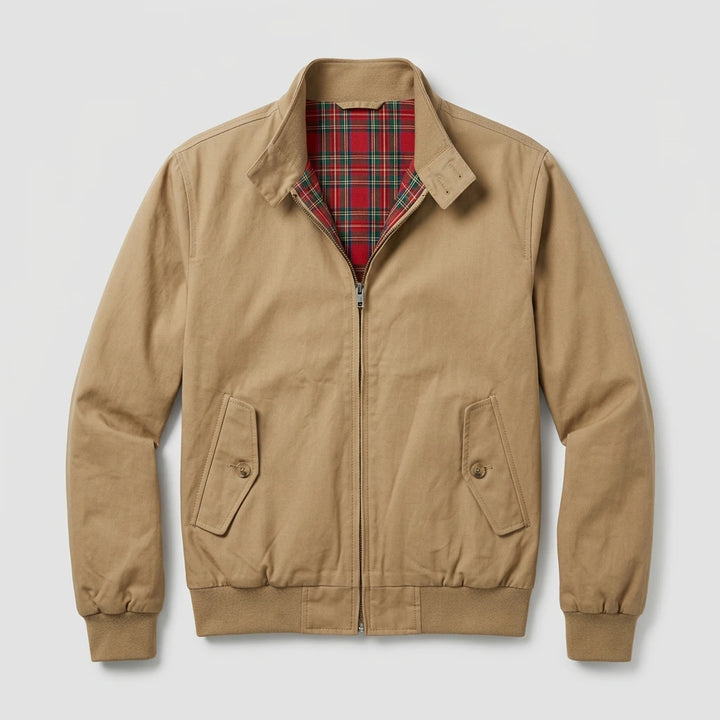 Men's Harrington jacket beige flat lay full-zip collarless design