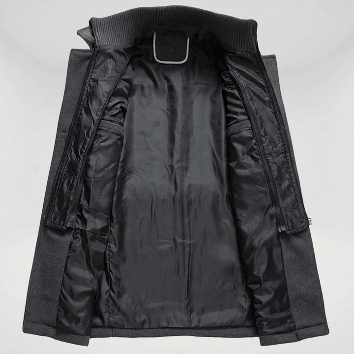 Men's winter overcoat opened flat showing black lining