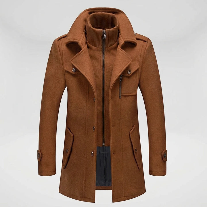 Men's brown winter overcoat — front view with knit scarf collar and button closure