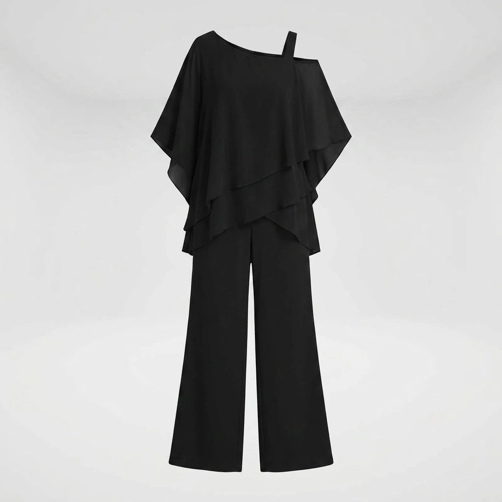 Black chiffon layered top and wide-leg pants set, flat-lay front view