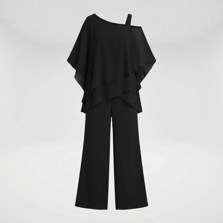 Black chiffon layered top and wide-leg pants set, flat-lay front view