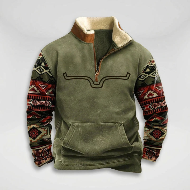 Men's Aztec quarter-zip pullover with sherpa collar, flat lay front view