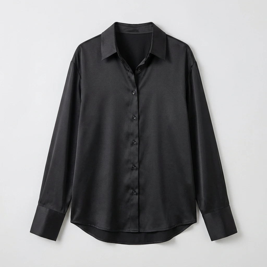 Brown satin blouse flat lay, back view