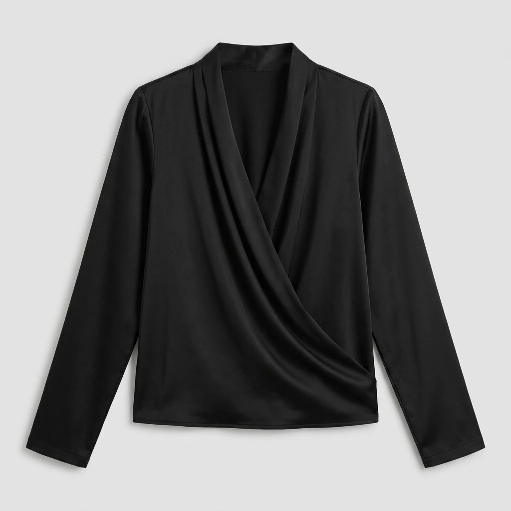 Women's wrap blouse long sleeve V-neck black, flat lay