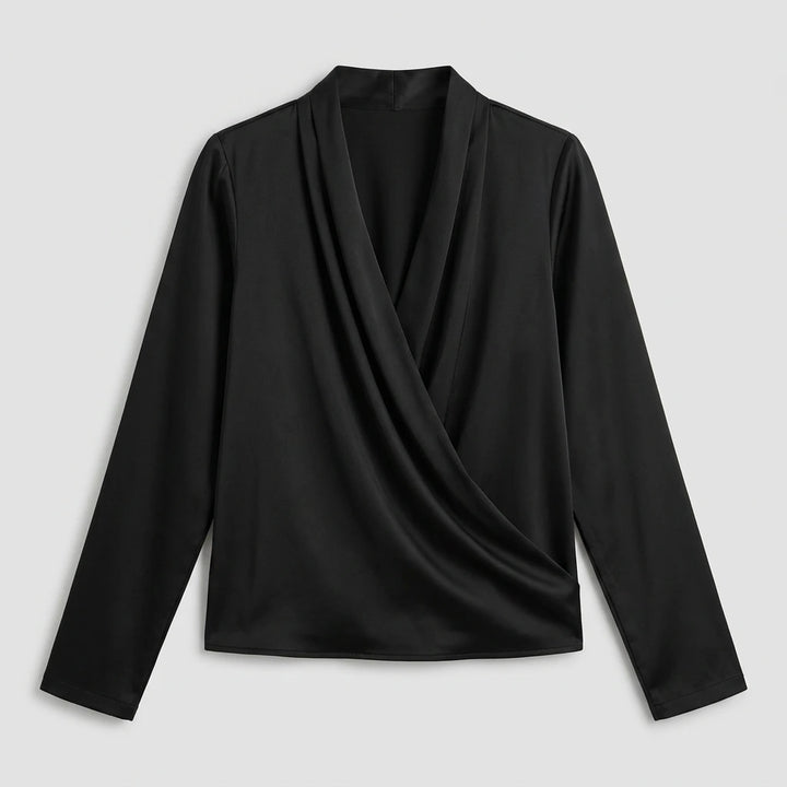 Women's wrap blouse long sleeve V-neck black, flat lay