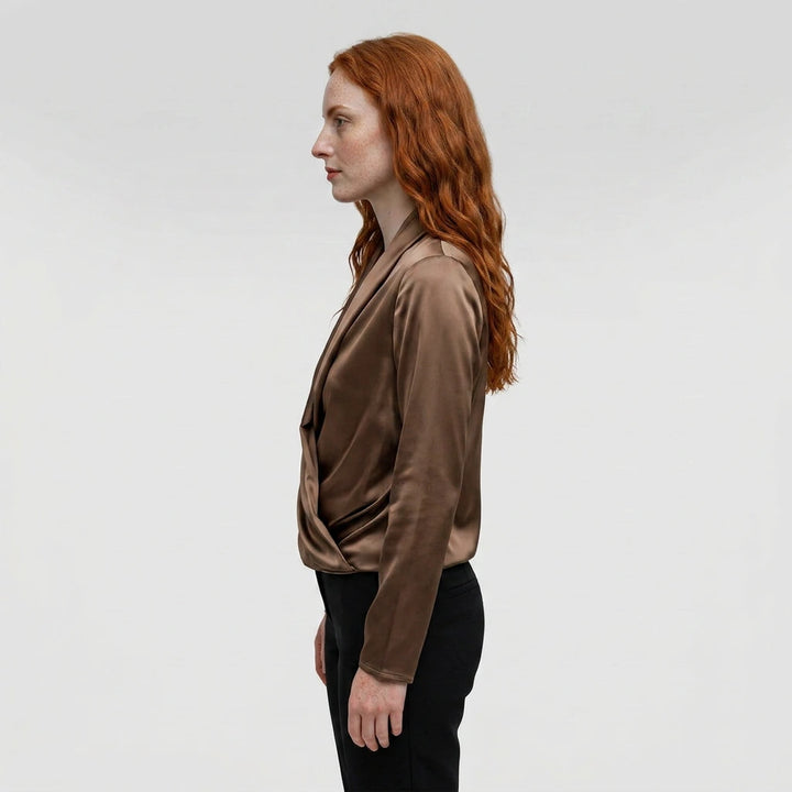 Women's long sleeve wrap blouse olive brown, side view draped front