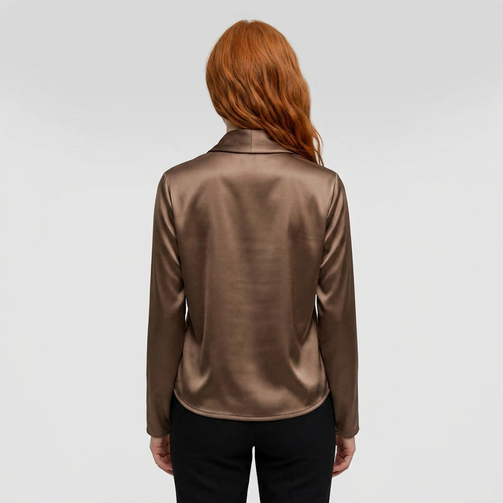Women's long sleeve wrap blouse olive brown, back view