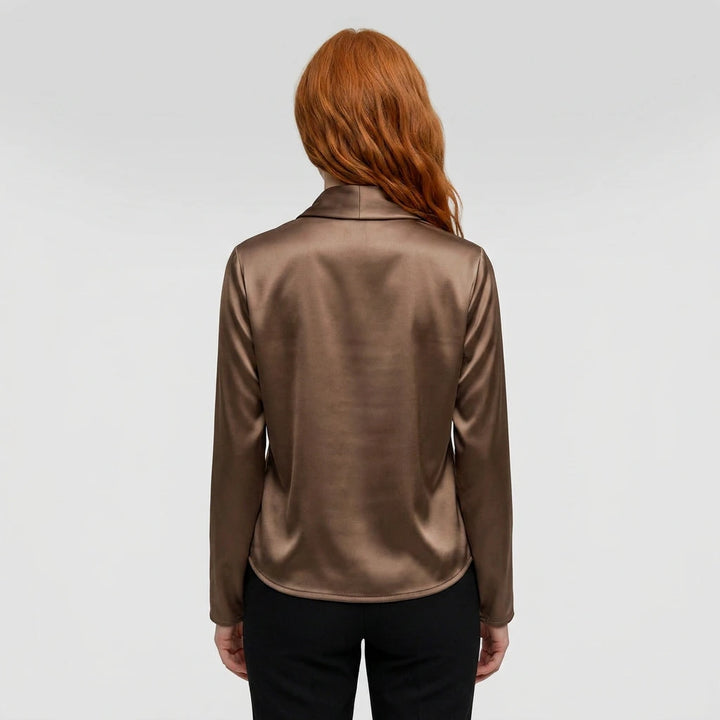 Women's long sleeve wrap blouse olive brown, back view