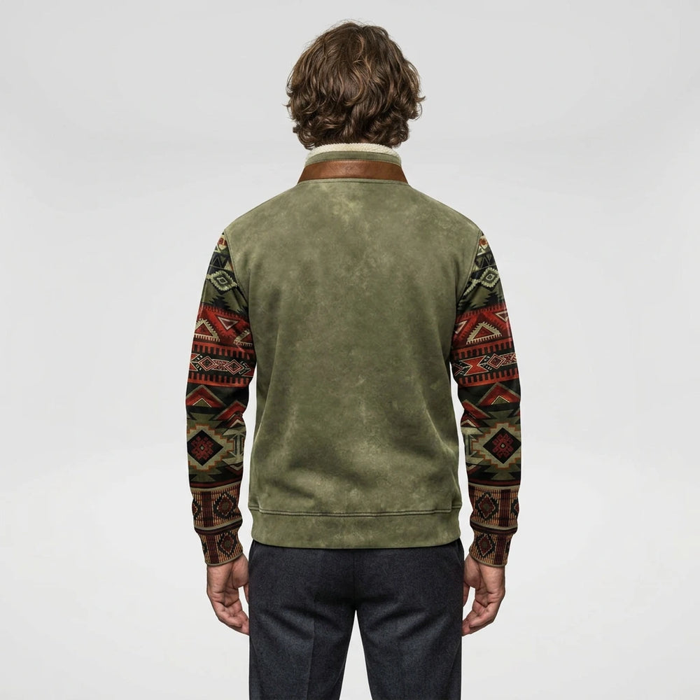Men's quarter-zip pullover with Aztec printed sleeves, back view