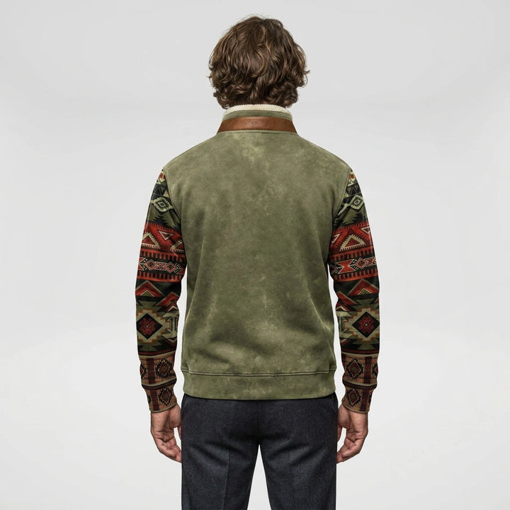 Men's quarter-zip pullover with Aztec printed sleeves, back view