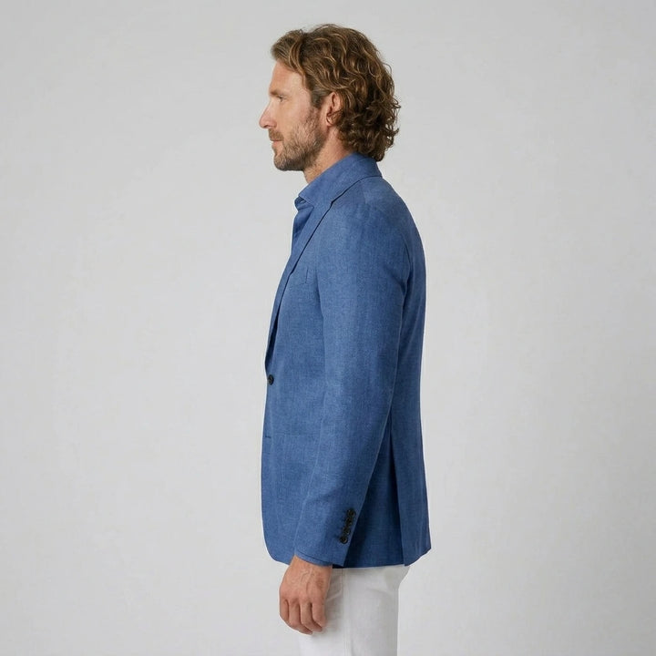 Men's knit blazer blue, styled open, three-quarter view